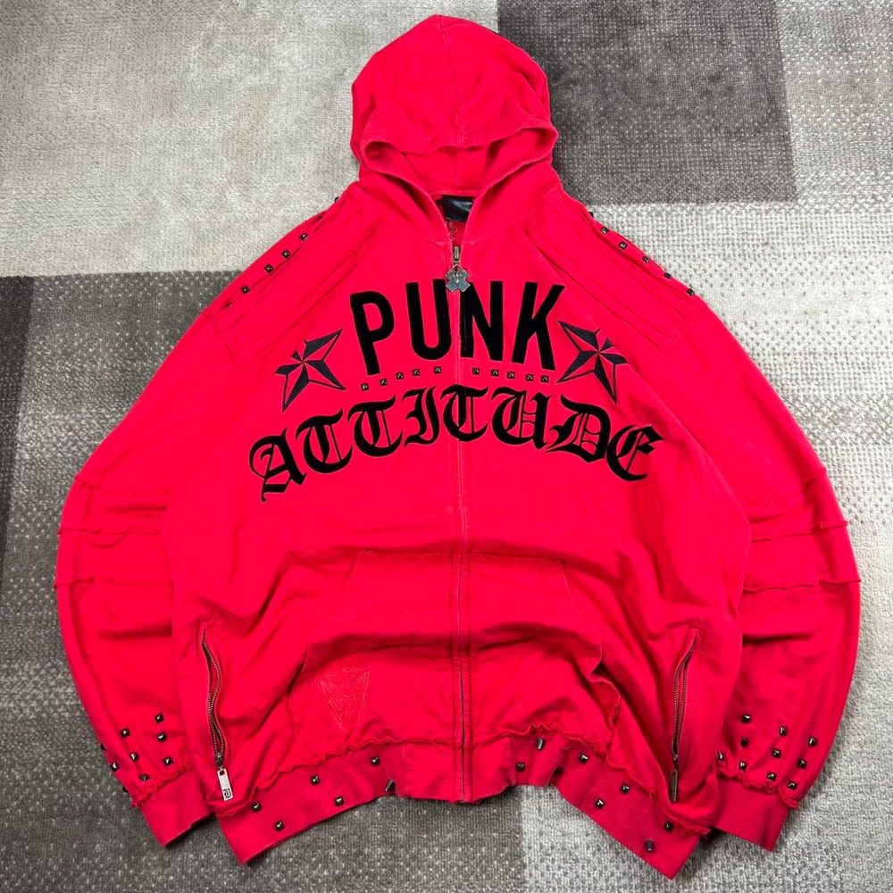 Blac Label Punk Attitude Red Studded Distressed Full Y2K Sty Zip Hoodie Mens 2XL